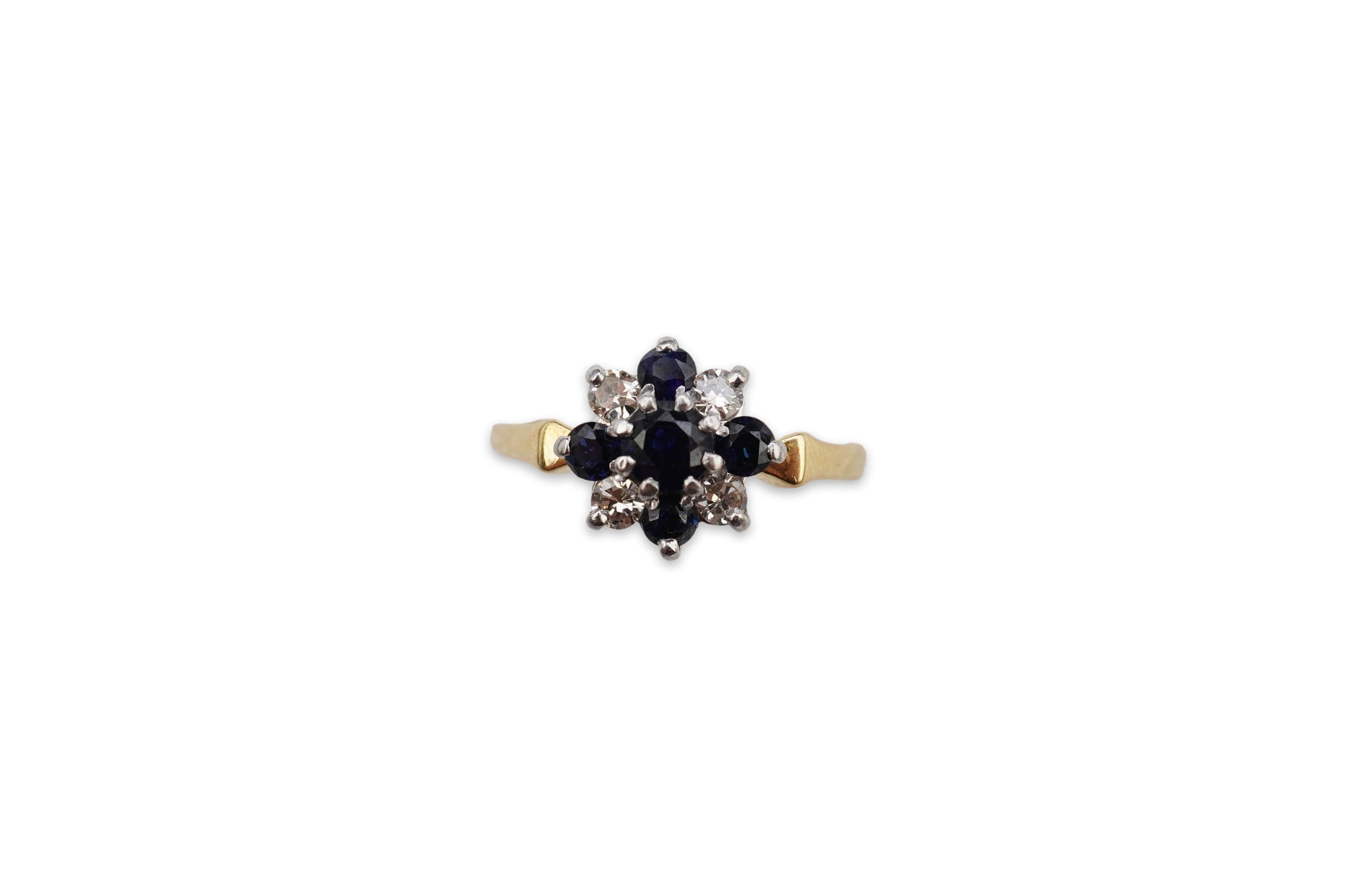 A sapphire and diamond cluster ring, set with circular-cut sapphires and brilliant-cut diamonds totalling approximately 0.20 carats, mounted in gold and platinum, size M, stamped 18CT PLAT, gross weight approximately 3.5